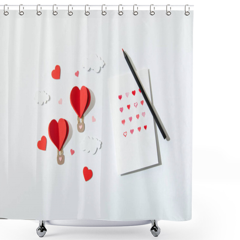 Personality  Top View Of Greeting Card With Hearts And Pencil Near Paper Heart Shaped Air Balloons In Clouds On White Background Shower Curtains