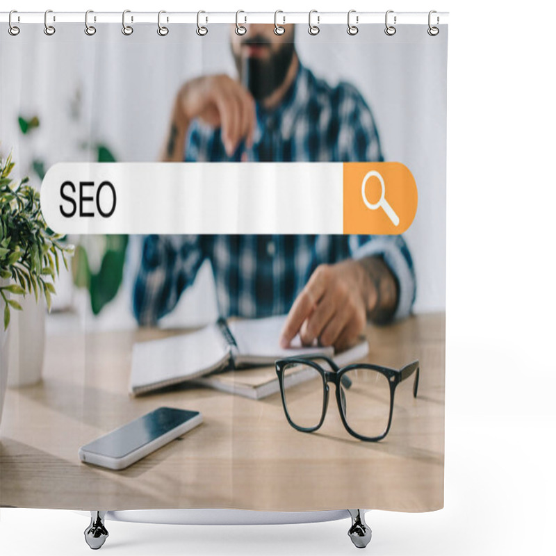 Personality  Cropped Shot Of Developer In Plaid Shirt With SEO Search Bar Shower Curtains