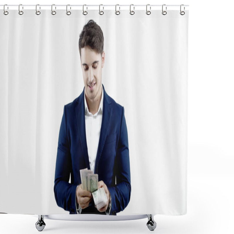 Personality  Successful Businessman Counting Dollars Isolated On White Shower Curtains