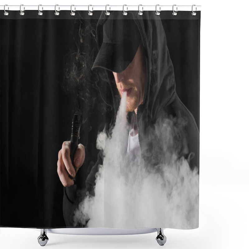 Personality  Young Bearded Man Exhaling Smoke Of Electronic Cigarette Surrounded By Clouds Of Steam Shower Curtains