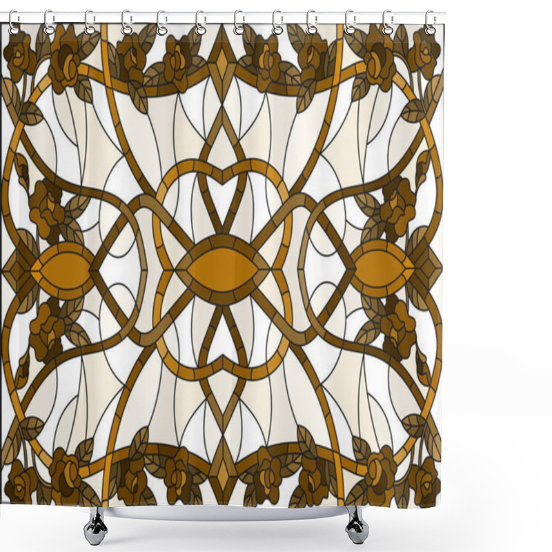 Personality  Illustration In Stained Glass Style With Abstract  Swirls And Leaves  On A Light Background,horizontal Orientation, Sepia Shower Curtains