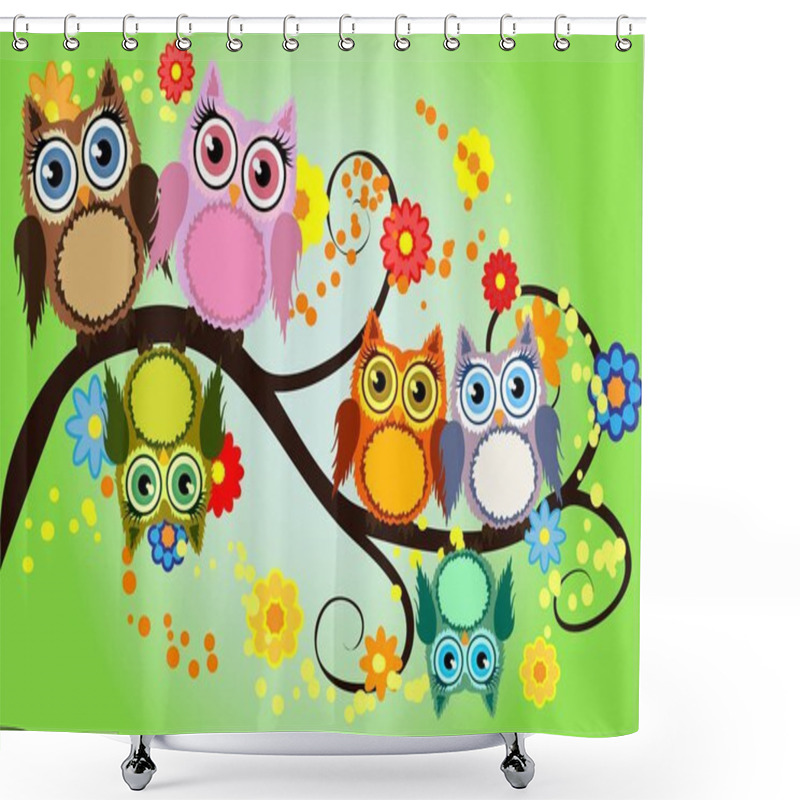 Personality  Bright Cute Cartoon Owls Sit On The Flowering Branches Of Fantastic Trees Shower Curtains