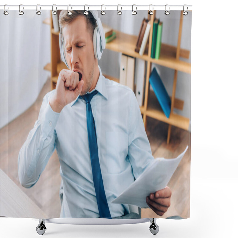 Personality  Young Businessman In Headphones Yawning While Holding Documents In Office  Shower Curtains