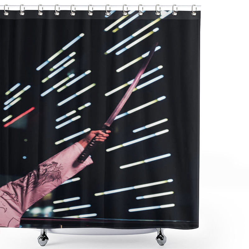 Personality  Cropped Image Of Girl In White Kimono Holding Katana On Street With Neon Light In Evening, City Of Future Concept Shower Curtains