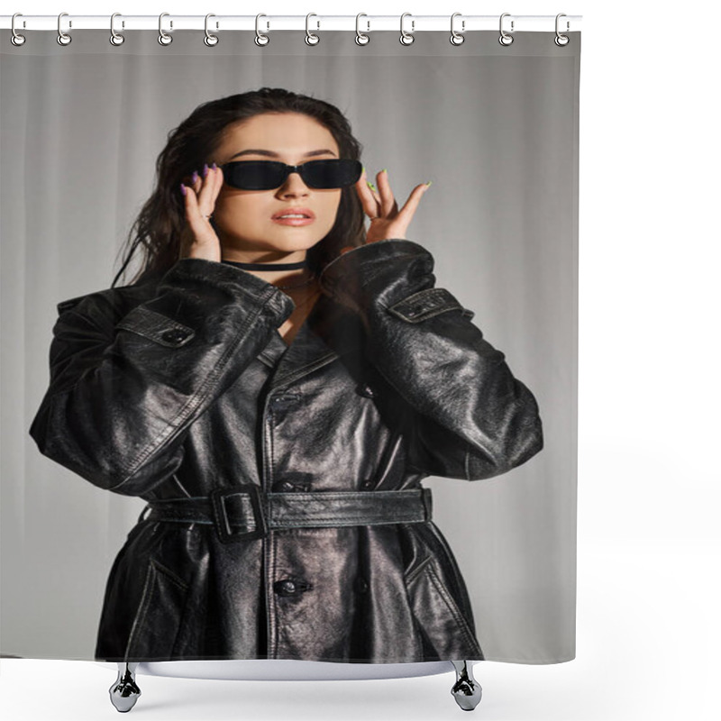 Personality  A Plus Size Woman Confidently Poses In A Black Leather Coat And Sunglasses Against A Gray Backdrop. Shower Curtains