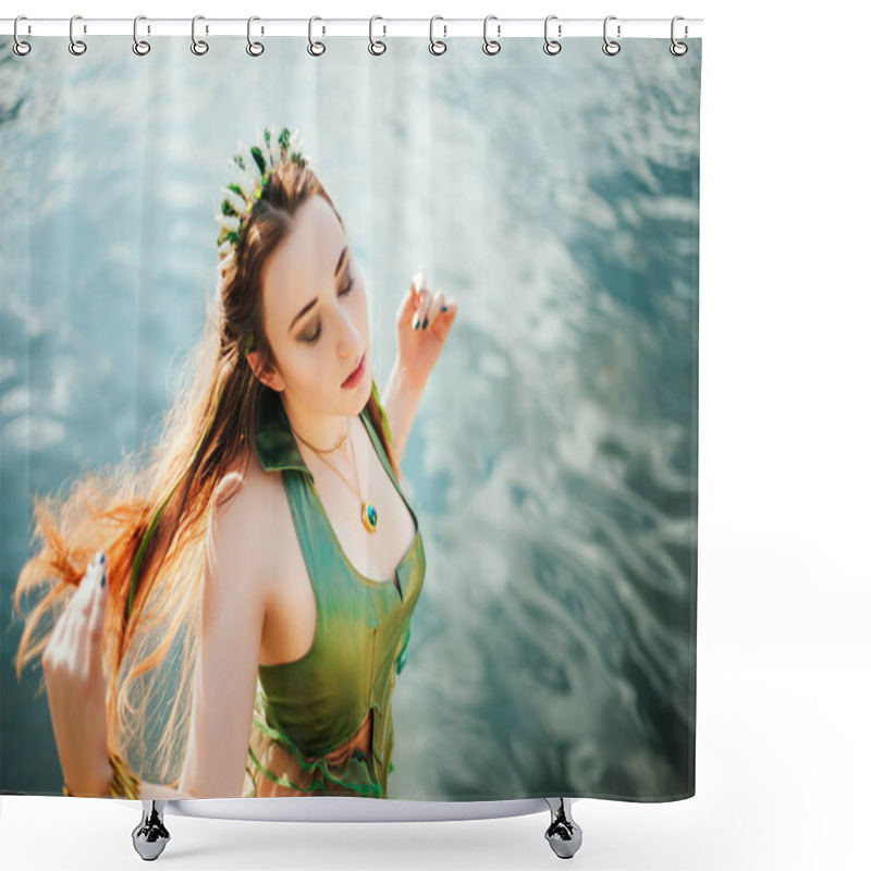 Personality  A Girl With Seaweed In Her Hair And In A Green Dress Is Standing Near A Pond. Model With A Rim With Shells. Mermaid Shower Curtains