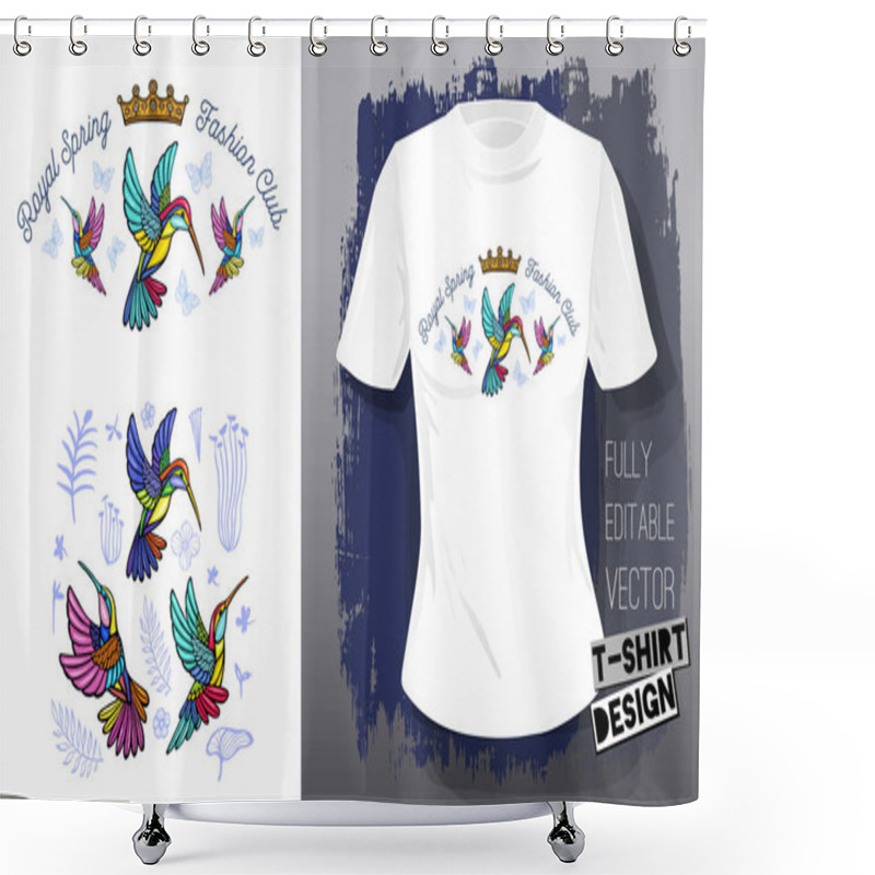 Personality  Hummingbirds Flowers, Leaves, Birds, Golden Embroidery Queen Crown Textile Fabrics T Shirt Design Lettering Gold Wings Insect Luxury Fashion Embroidered Style Hand Drawn Vector Illustration Shower Curtains