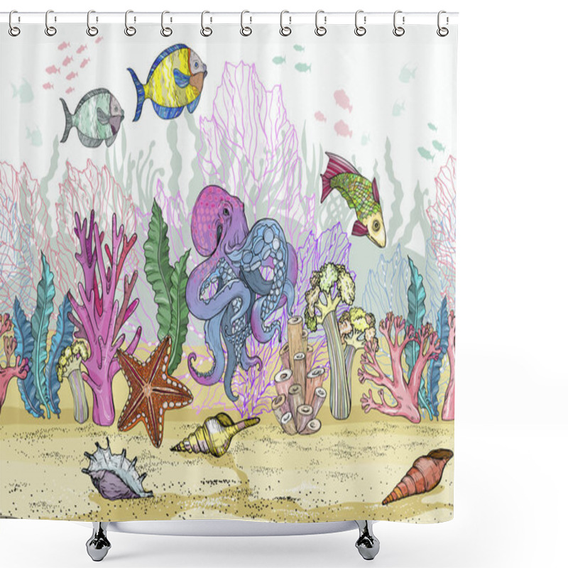 Personality  Seamless Pattern With Hand Drawn Sea Coral Reef, Oceanic Animal. Shower Curtains