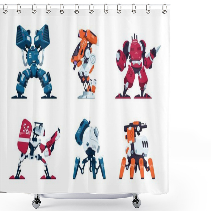 Personality  War Robots. Cartoon Battle Machine, Super Hero In Futuristic Exoskeleton. Military Drones. Scientific Innovation Weapon Technology. Armor Concept. Game Asset. Vector Power Suit Set Shower Curtains