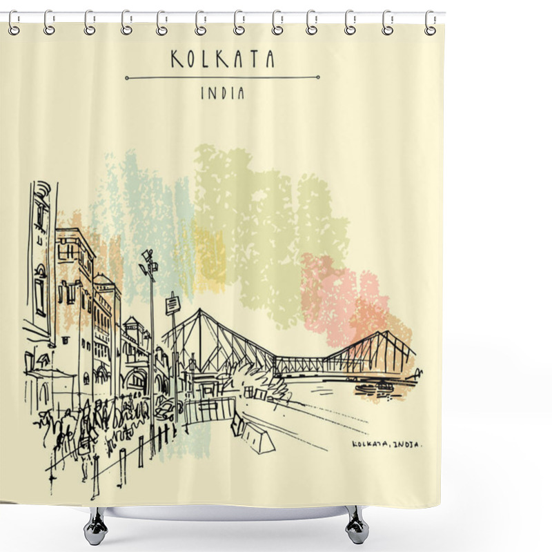 Personality  Kolkata, India. The British-era Howrah Junction Railway Station And Howrah Bridge Across Hooghly (Hugli, Hoogli) River. Heritage Colonial Architecture. Famous Historical Landmarks. Vector Hand Drawn Travel Postcard Shower Curtains