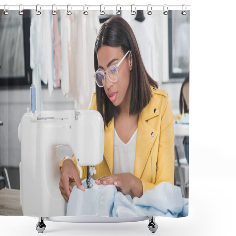 Personality  Young Seamstress Working With Sewing Machine Shower Curtains