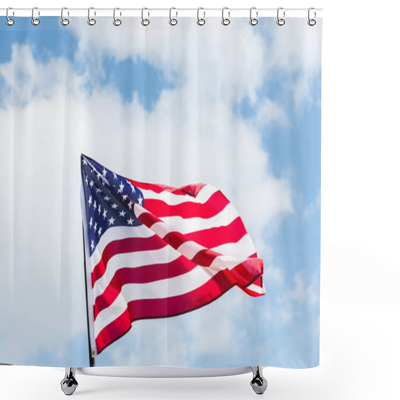 Personality  Low Angle View Of Flag With Stars And Stripes Against Blue Sky Shower Curtains