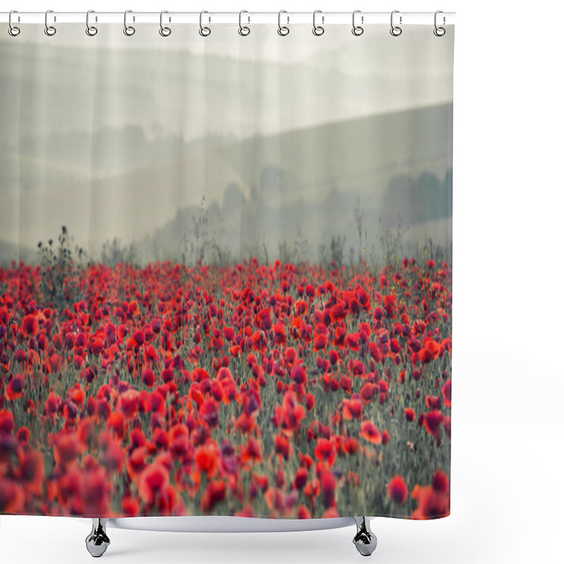 Personality  Poppy Field Landscape In Summer Countryside Sunrise With Differe Shower Curtains