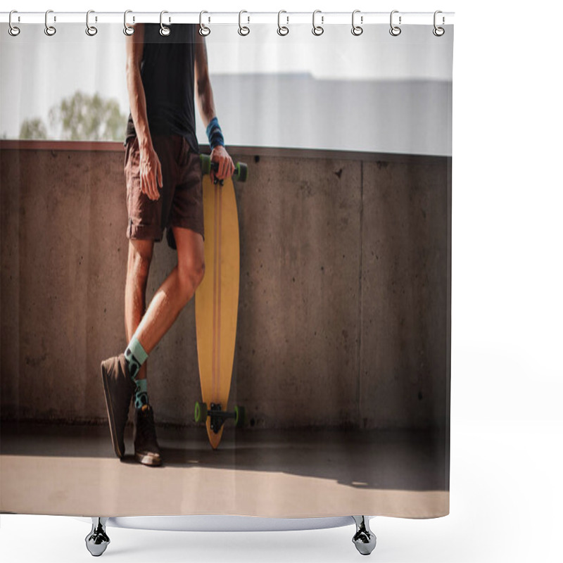 Personality  Young Man Standing Leaning On The Parapet And Holding A Longboard Shower Curtains