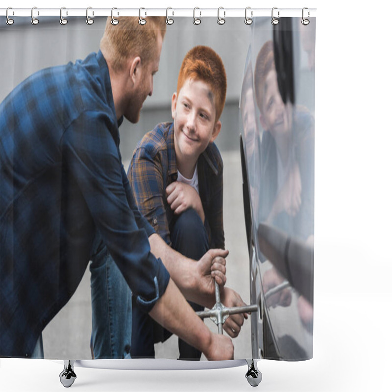 Personality  Ginger Hair Father And Son Changing Tire In Car With Wheel Wrench  Shower Curtains