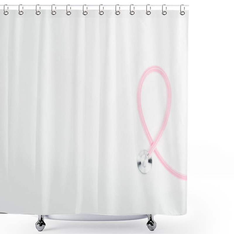 Personality  Top View Of Stethoscope On White Background With Copy Space, Breast Cancer Concept Shower Curtains