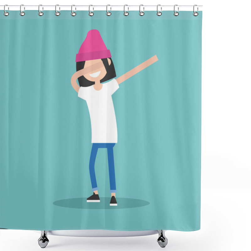 Personality  Young Female Character Making DAB Dance / Flat Editable Vector I Shower Curtains