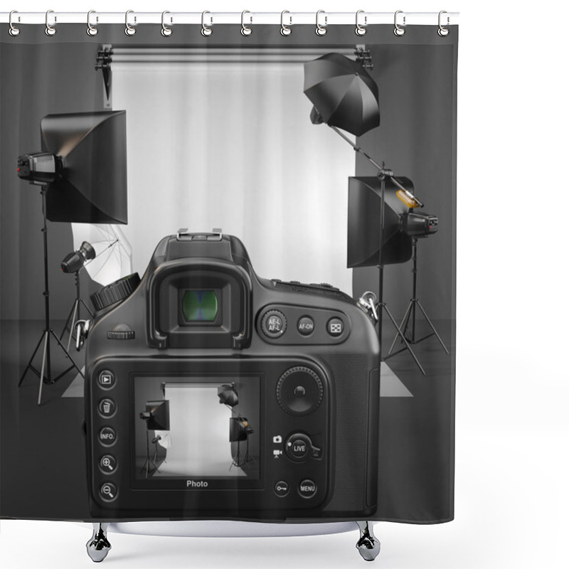 Personality  Digital Photo Camera In Studio With Softbox And Flashes. Shower Curtains