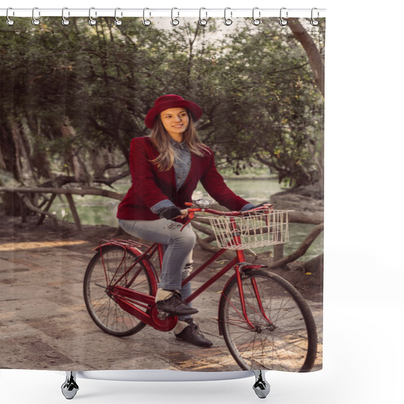 Personality  Trendy Fashion Girl Riding Bike On Fall Season Shower Curtains