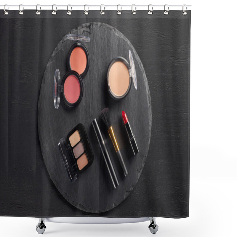 Personality  Makeup Set With Eye Shadows And Blush On Round Slate Background Shower Curtains