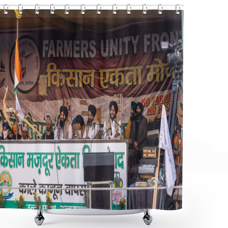 Personality  GHAZIABAD, UTTAR PRADESH, INDIA - JANUARY 2021 : Indian Sikh Farmers Protesting Against The New Farm Bill Laws At Ghazipur Border Near Delhi. Farmers Across India Protesting Against The Farm Bill. Shower Curtains