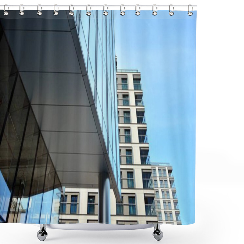 Personality  Blue Curtain Wall Made Of Toned Glass And Steel Constructions Under Blue Sky. A Fragment Of A Building. Shower Curtains