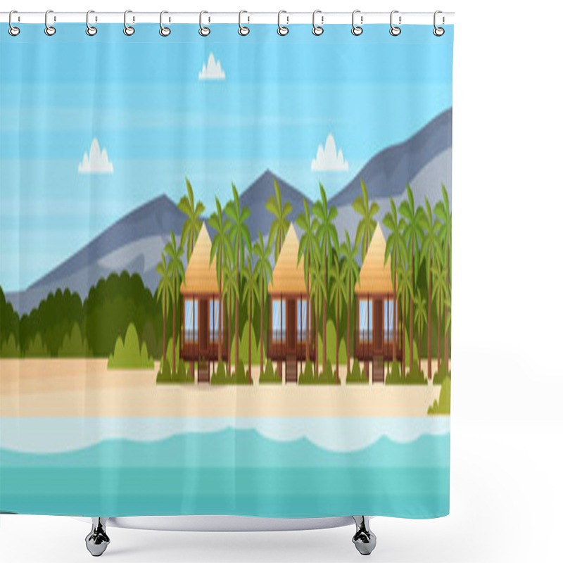 Personality  Tropical Island With Villa Bungalow Hotel On Beach Seaside Mountain Green Palms Landscape Summer Vacation Concept Flat Horizontal Banner Shower Curtains