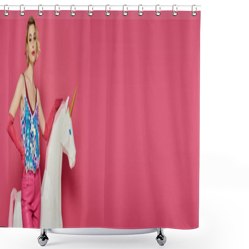 Personality  A Woman Wearing A Bright Pink Outfit Rides A White Unicorn Against A Pink Backdrop. Shower Curtains