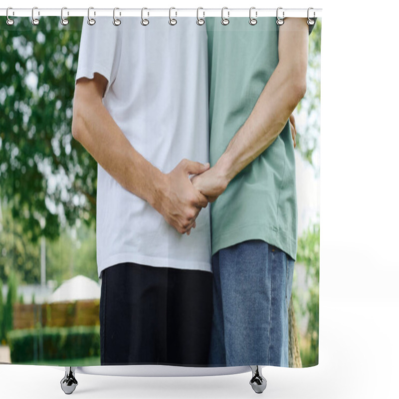 Personality  A Loving Gay Couple Embraces Deeply In A Lush Green Park, Celebrating Their Connection. Shower Curtains