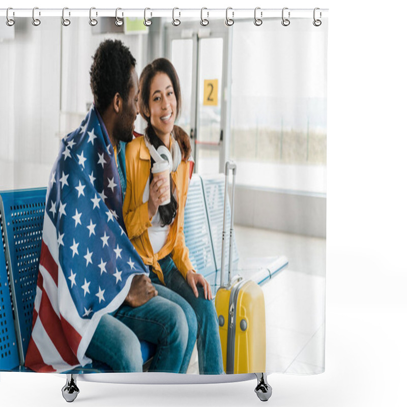 Personality  Happy African American Couple Sitting With American Flag In Departure Lounge In Airport  Shower Curtains