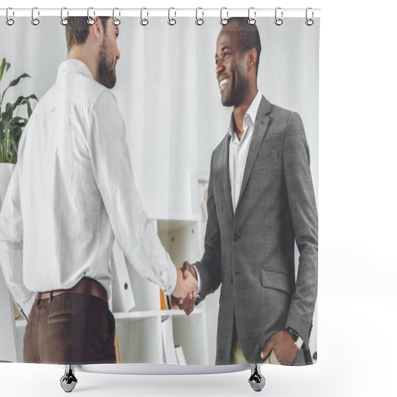 Personality  Smiling African American And Caucasian Businessmen Shaking Hands Shower Curtains