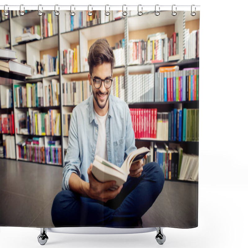 Personality  Portrait Of Young Pensive Student Reading Book In Library Shower Curtains