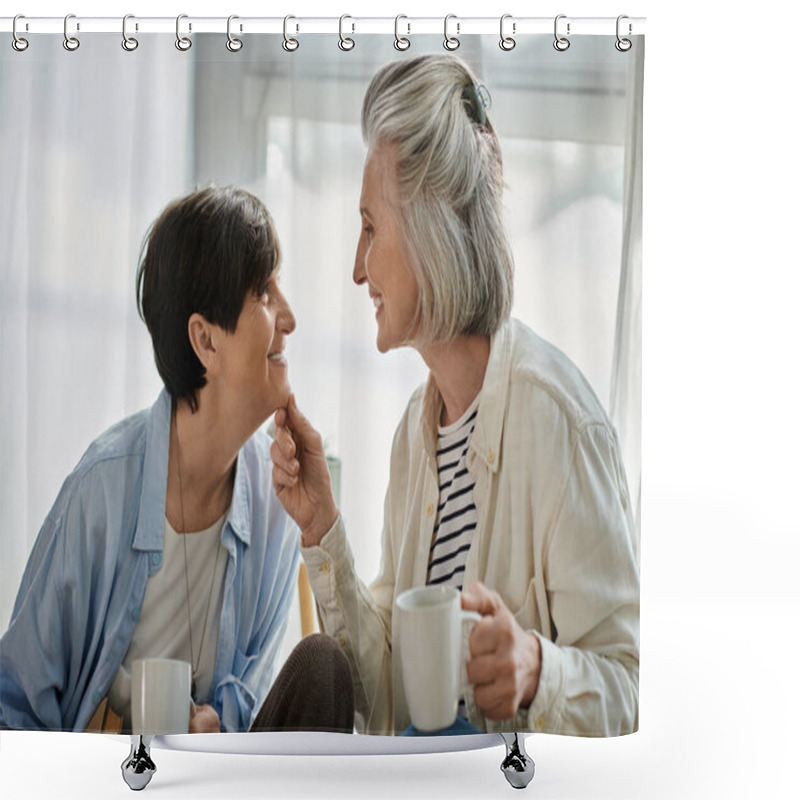 Personality  Two Elderly Women Engaged In Deep Conversation While Seated On A Couch. Shower Curtains