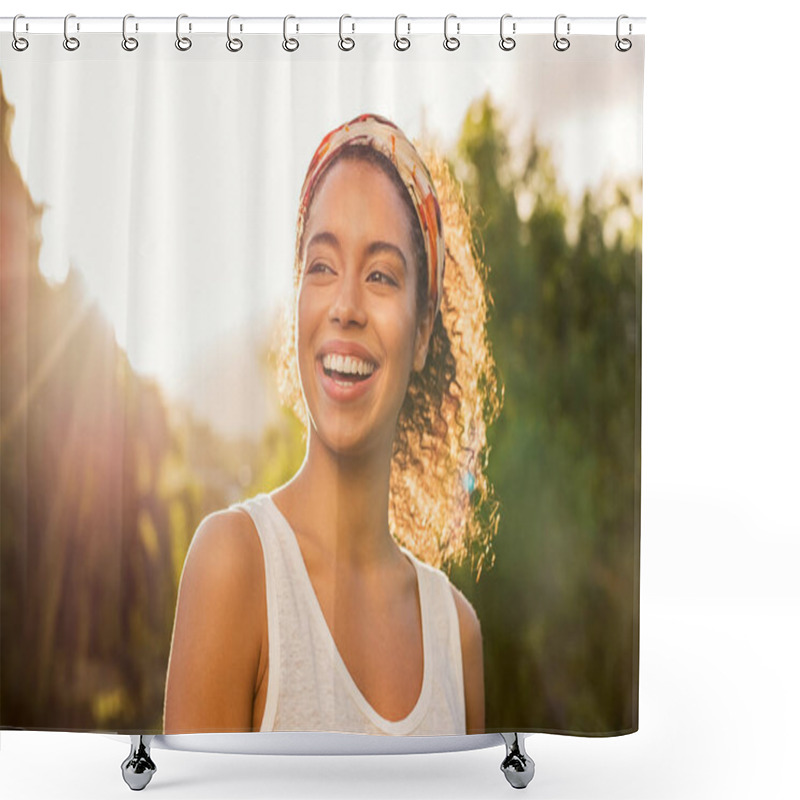 Personality  Portrait Of Beautiful African American Woman Smiling And Looking Away At Park During Sunset. Outdoor Portrait Of A Smiling Black Girl. Happy Cheerful Girl Laughing At Park With Colored Hair Band. Shower Curtains