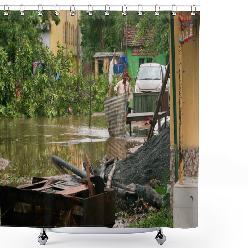 Personality  Howrah, West Bengal, India - 21st May 2020 : Remains Of A Devastated Shop, Destroyed By Super Cyclone Amphan. Few Structures Could Survive The Storm. Shower Curtains