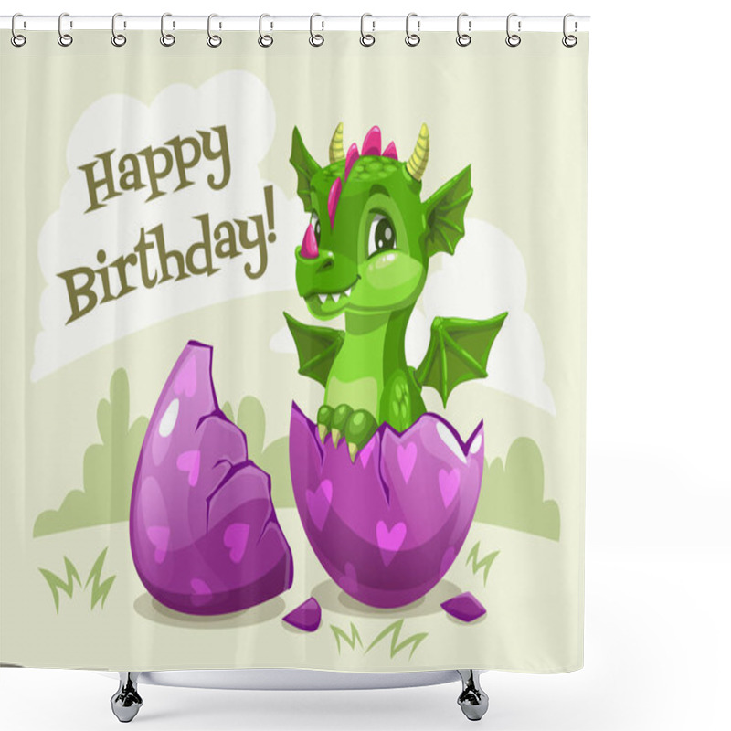 Personality  Happy Birthday Greeting Card Template. Little Cute Cartoon Green Dragon. Shower Curtains