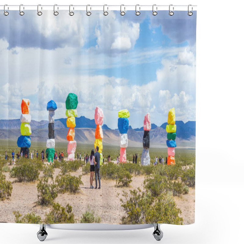 Personality  LAS VEGAS, NEVADA, USA - 12 MAY, 2019: Seven Magic Mountains Art Installation Near Las Vegas City. Pillars Made Of Neon Colored Boulders Stand Against Barren Desert Background And Blue Sky. Shower Curtains