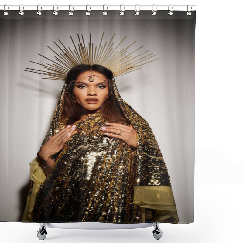 Personality  An African American Goddess Captivates In A Dazzling Golden Dress While Showcasing Her Radiant Beauty. Shower Curtains