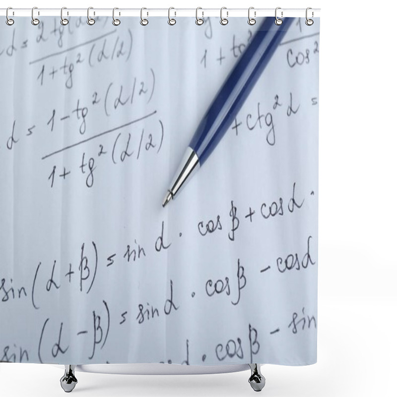 Personality  Sheet Of Paper With Different Mathematical Formulas And Pen, Closeup Shower Curtains