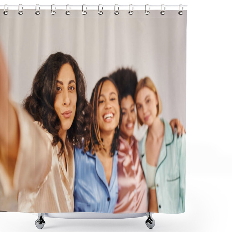 Personality  Multiracial Woman In Pajama Looking At Camera While Standing Near Cheerful And Blurred Multiethnic Girlfriends At Home During Slumber Party, Bonding Time In Comfortable Sleepwear Shower Curtains