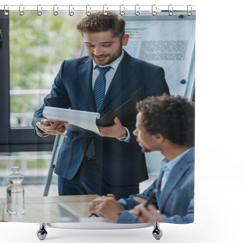 Personality  Selective Focus Of Young Businessman Reading Document At Business Meeting With Multicultural Colleagues Shower Curtains