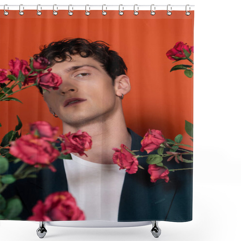 Personality  Curly Brunette Model Looking At Camera Near Rose Flowers On Red Background Shower Curtains