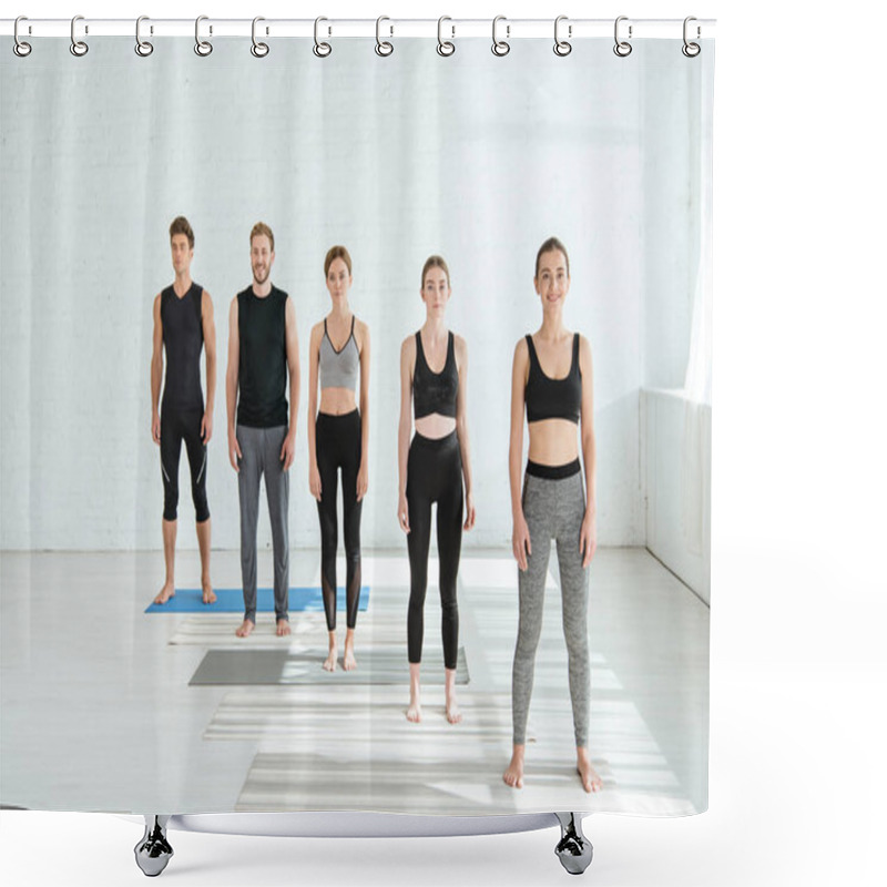 Personality  Five Young Men And Women In Sportswear Standing In Mountain Pose Shower Curtains