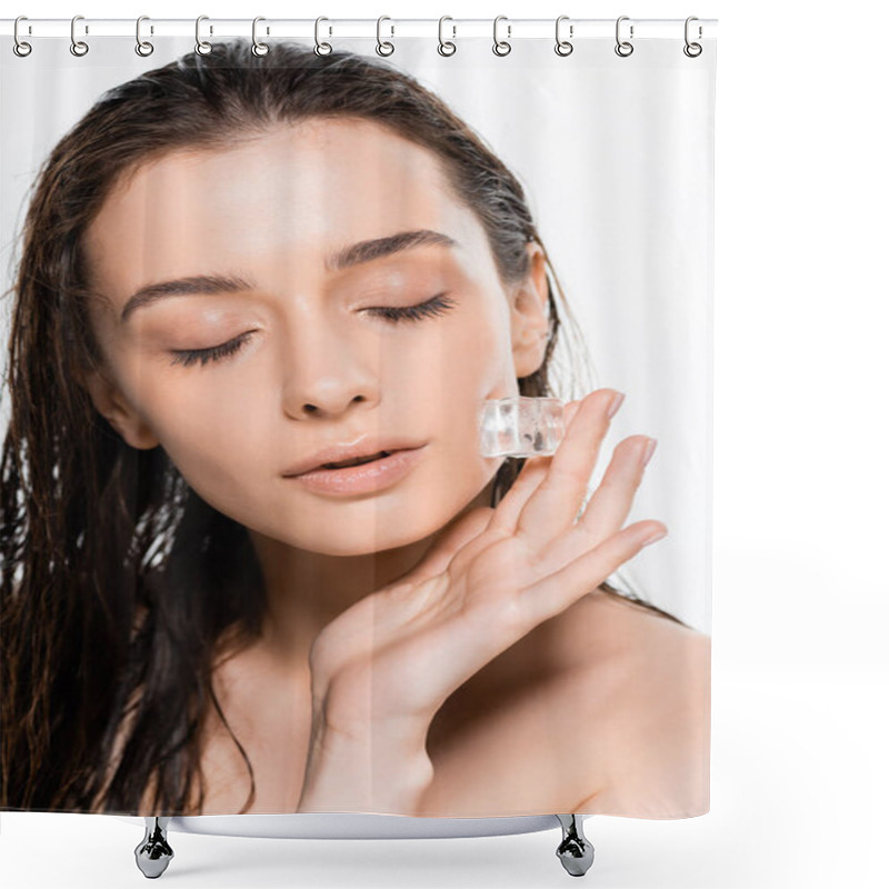 Personality  Brunette Wet Young Naked Woman With Closed Eyes Holding Ice Cube Isolated On White Shower Curtains