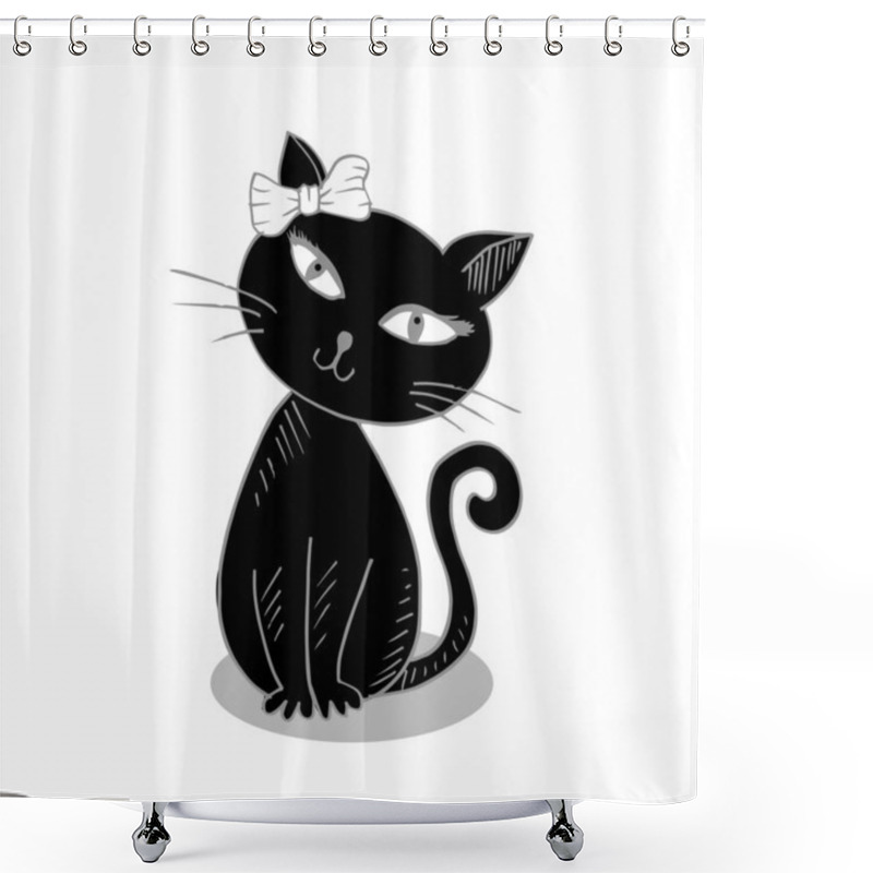 Personality  Cute Cat With Ribbon Bow Head . Vector Hand Drawing Shower Curtains