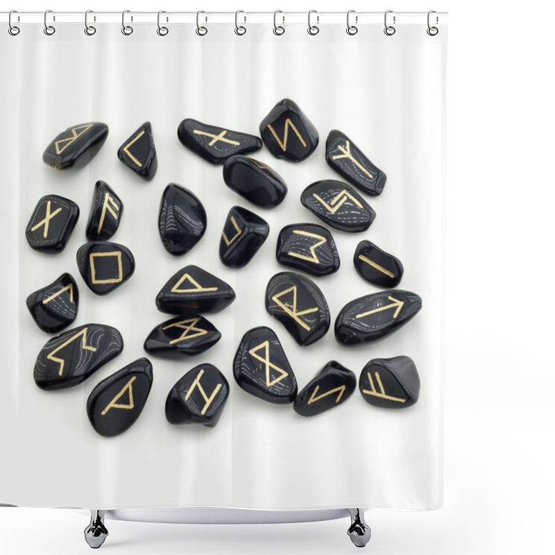 Personality  Runes And Velvet Bag On White Backgroun Shower Curtains