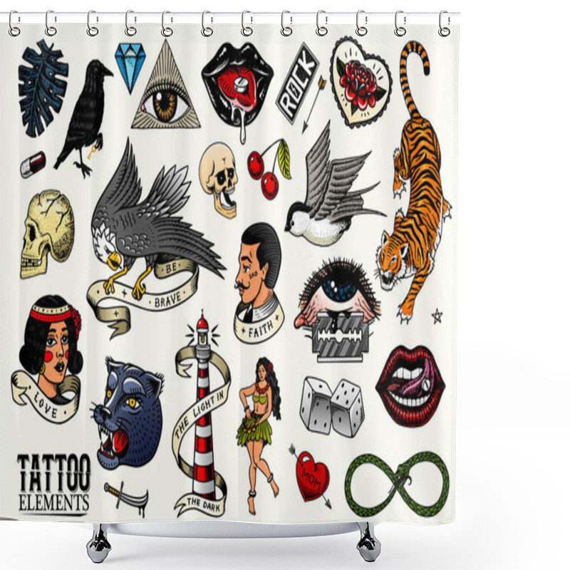 Personality  Old School Tattoo Set. Tiger And Lips, Eagle And Swallow, Skull And Bird In Rock Style. Engraved Hand Drawn Vintage Retro Sketch For Notebook Or Logo Or T-shirts. Shower Curtains