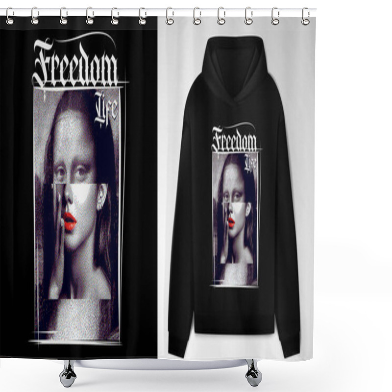 Personality  Art Design Of Urban Of The Iconic Mona Lisa Bitmap, Black Hoodie And Template. Vibrant Red Lips And Pixel Art-inspired Illustrations, This Freedom Life Design Merges Classical Art With Modern Elements Shower Curtains