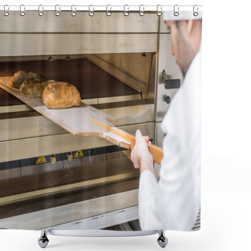 Personality  Male Baker Taking Out Freshly Baked Bread  Shower Curtains