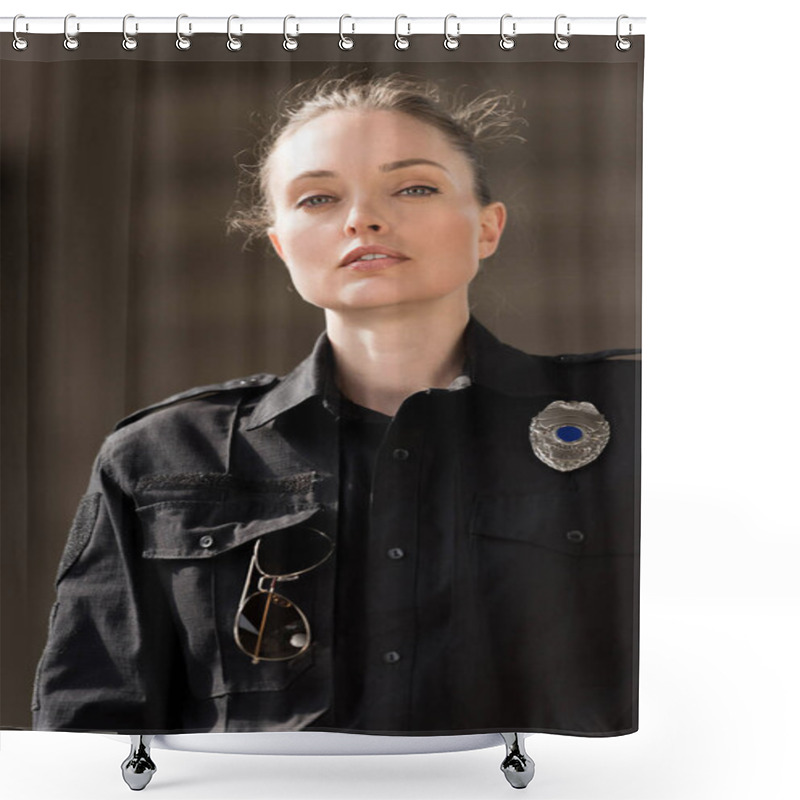 Personality  Attractive Female Police Officer In Uniform Looking At Camera Shower Curtains